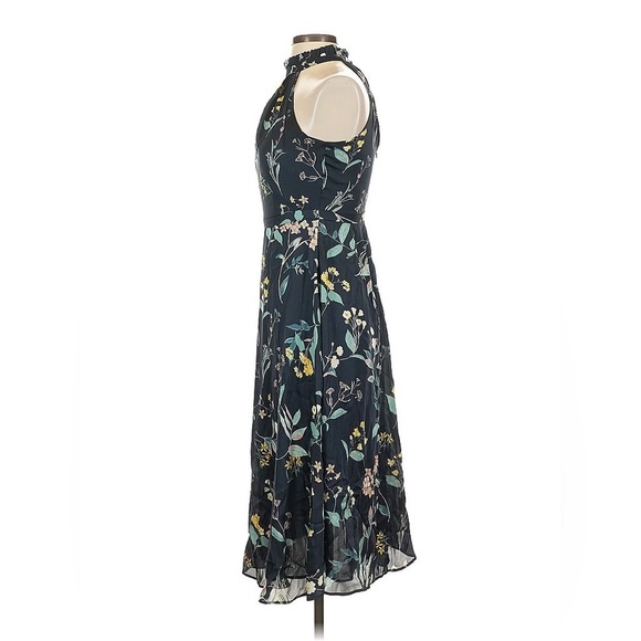 Banana Republic Dress Halter Floral Satin Midi Navy Blue High Neck Ruffle 0P - Picture 4 of 13